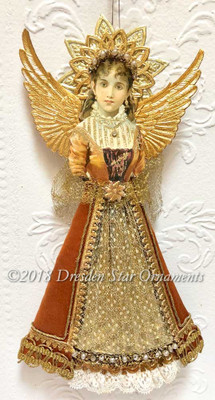 Elegant Golden Tudor-Style Dresden Angel with Pearl Tiara and Gold Netting