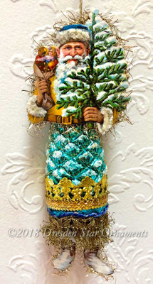 Jolly Santa Holding Tree with Aqua-Blue Pinecone Body 
