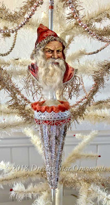 German Santa with Wool Beard on Tall Victorian Silver Parasol Ornament 