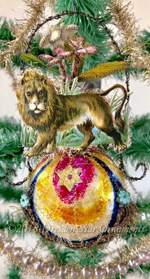 Lion on Multicolored Antique Ornament with Rare Antique Yarn Flowers