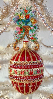 Victorian Floral Arrangement on Gorgeous Antique Red Molded Glass Ornament