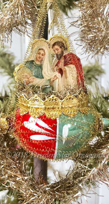 Nativity Christmas Scene in Red and Blue Oval Boat Ornament