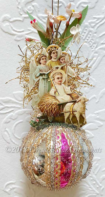 Jesus with Lamb and Three Angels on Multi-colored Sphere with Fabric Flowers