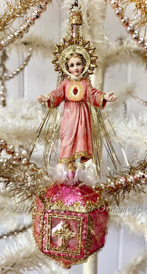 Serene Christ-Child On Ornate Antique Pink Ornament with Dresden Paper Cross