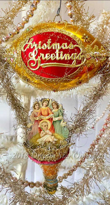 Baby Jesus with Angel Trio on Bright Gold “Christmas Greetings” Dirigible with Matching Bell