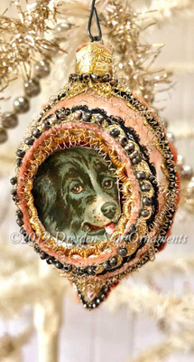 Black and White Dog in Peach Oval Ornament with Black, Silver and Gold Accents