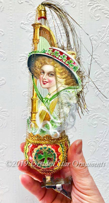 St. Patrick’s Day Lass with Irish Harp on Deluxe 3-Sided Indent Spire Clip-On with Shamrocks