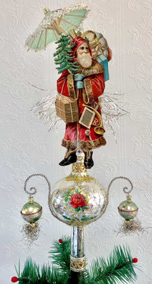 Reserved for Lisa – Red Santa with Paper Parasol on Silver Spire Topper