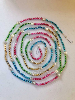 Vintage Multicolored Glass Bead Garland in Bright Pink, Blue, Green, Gold, Silver – 9 Foot Length