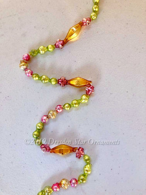 Fancy Vintage Multicolored Glass Bead Garland in Glowing Pink, Light Green, Gold, Light Gold – 3 Foot Length BM19007