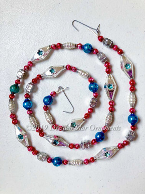 Fancy Vintage Patriotic Glass Bead Garland in Blue, Red, White, Silver– 3 Foot Length BP19006