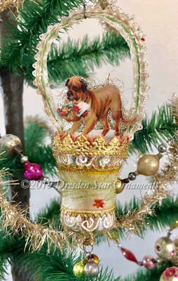 Boxer Dog with Flower Basket in Hand-Painted Glass Bell Ornament with Lace Handle