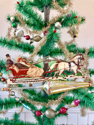 Exquisite Horse-Drawn Christmas Sleigh on Large Victorian Parasol Ornament 