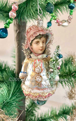 Figural Glass Winter Girl Ornament With Adorable Scrap Head and Tiny Tree Sprig