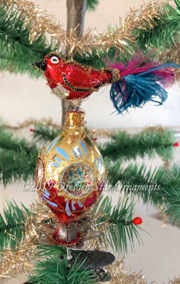 Red Song Bird with Feather Tail on Glass 4-Sided Clip-On Ornament with Flowers in Each Indent