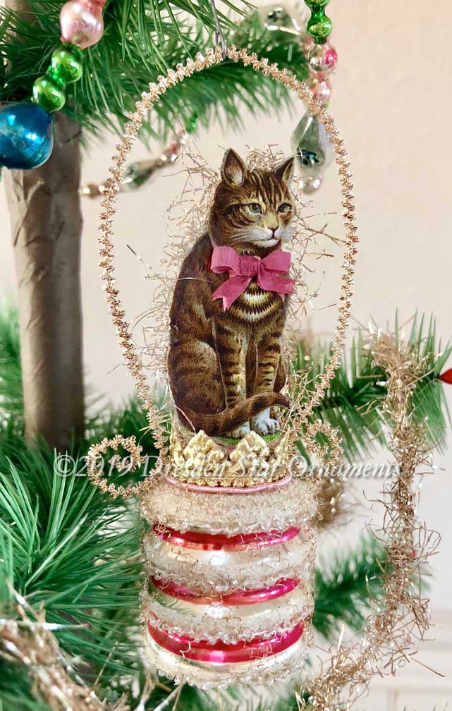  Realistic Cat Sitting  on Mid Century Glass Pink and Silver 