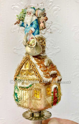 Santa on Deluxe Glass House Clip-On Ornament Decorated on All Sides- See Detailed Photos! 