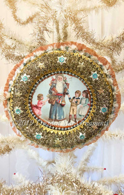 Santa with Children on Christmas Morning Wreathed in Antique Tinsel and Jeweled Stars