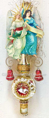 Twin Angels on Glorious Silver 3-Sided Glass Spire Topper or Ornament with Christmas Bells in Each Indent