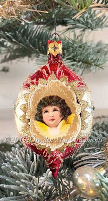 Brunette Angel in Gilded Frame on Red and White Oval Indent Ornament