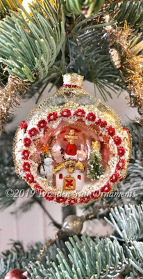 White Christmas Silver Diorama Ornament with Church, Trees, and Snowman