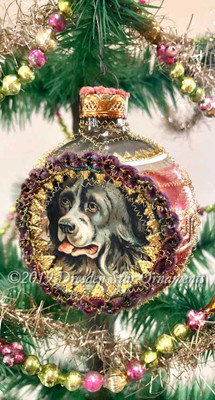 Black and White Dog inside Peach and Silver Indent with Fancy Multicolored Metallic Trim 