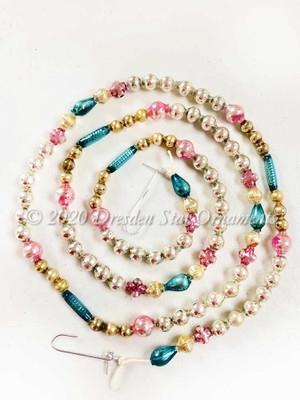 Delicate Vintage Multicolored Glass Bead Garland in Royal Blue, Pastel Pink, Gold, Silver – 3 Foot Length