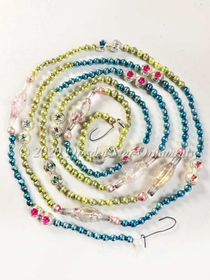 Unique Vintage Multicolored Glass Bead Garland in Light Green, Aqua Blue, Light Pink, Silver – 6 Foot Length BM20006