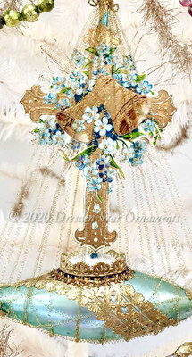 Gold Embossed Easter Cross with Bells and Forget-Me-Nots on Gilded Blue Ship 