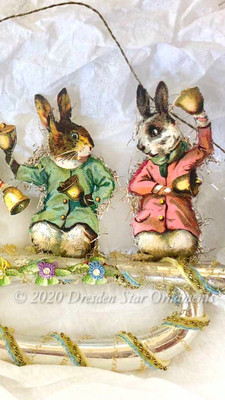 Reserved for Diana – Three Rabbits Ringing Bells on Silver Horn Ornament