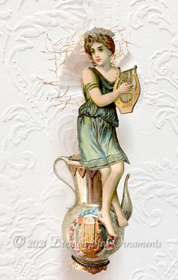 Fairy with Lyre and Spun-Glass Wings on Decorated Light-Green Greek Glass Urn Ornament