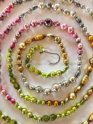 Fancy Multicolored Glass Bead Garland in Pastel Pink, Light Green, Dazzling Gold, Silver - Variation 1  –  9 Foot Length