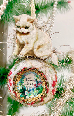 Cute White Kitty Cat Balancing on Frosted Indent Ornament