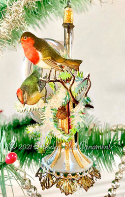 Pair of Robins Perching on Elegant Glass Horn