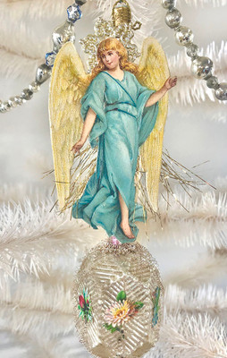 Pastel Blue Angel Delicate on Antique Faceted Glass Ornament 