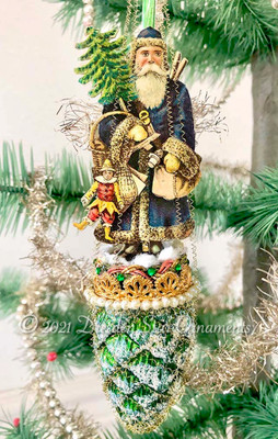 Father Christmas Santa Wearing Purple Cloak on Frosted Green Pinecone with Pearls