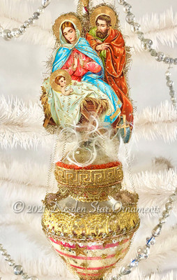 Manger Nativity Scene on Gilded Antique Silver Spindle Ornament 