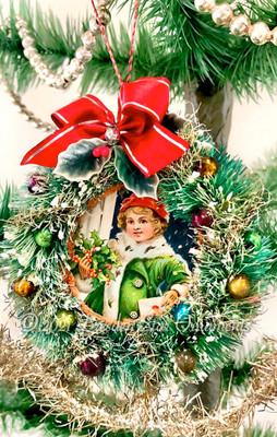 Christmas Scene with Boy and Gifts on Decorated Mid-Century Wreath