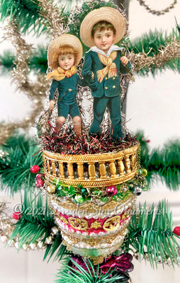 Reserved for Dennis - Children on Festive Antique Glass Bell Clip-On Ornament 
