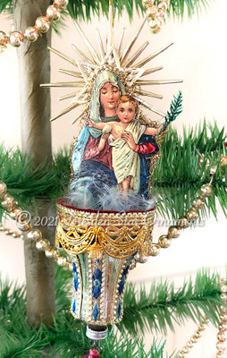 Mary With Glorious Halo and Baby Jesus Holding Palm Branch on Beautiful Silver Bell with Silk Ribbon
