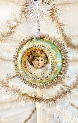 Angel with Lavender Wings on Large Pastel Green Indent with Fancy Tinsel and Glass Beadwork