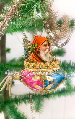 Santa with Decorated Christmas Tree Riding Fancy Mid-Century Rocket Ornament with Rhinestones