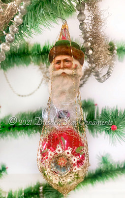 Santa on 4-Sided Mid-Century Ornament with Lace Tatting and Hand-Blown Glass Icicle