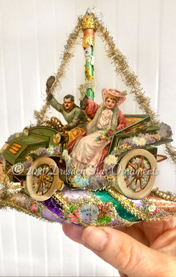 Classy Gentleman and Lady in 1910 Model T Style Convertible on Fancy Victorian Boat Ornament 