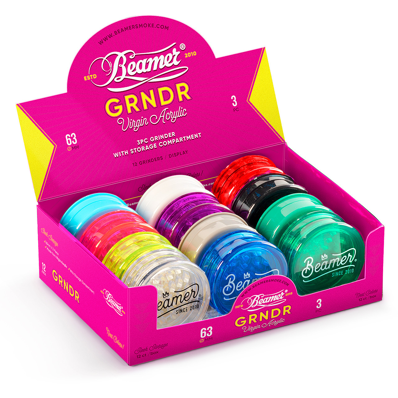 Beamer 3-Piece 63mm Acrylic Grinder - Crown Logo - 12-Ct Display