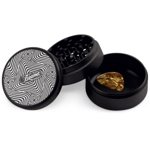 Beamer - Aircraft Grade Aluminum Grinder W/ Guitar Pick - 3-Piece - 63mm - Extended Collection Chamber - Psychedelic Star Race Design - Black Color
