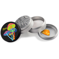 Beamer - Aircraft Grade Aluminum Grinder W/ Guitar Pick - 4-Piece - 63mm - Trippy Mushrooms Design - Black/Silver Color