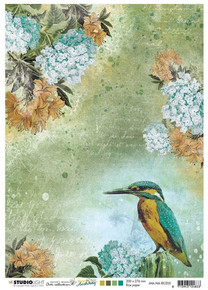 Studio Light- Jenine's Mindful Art Rice Paper Sheet A4- Kingfisher/Flowers