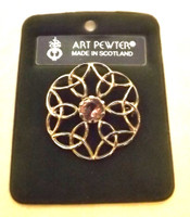 Art Pewter Round Celtic Knot Brooch with Amethyst Stone
