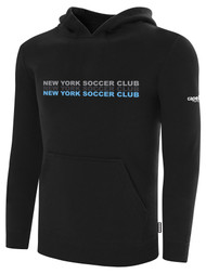 NYSC BASICS FLEECE PULLOVER HOODIE NEW YORK SOCCER CLUB ACROSS FRONT CENTER CHEST BLACK WHITE
